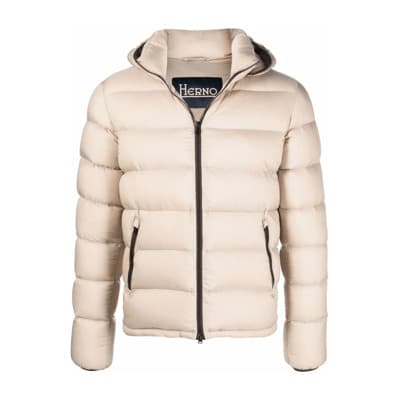 Beige Korte Gewatteerde Jas met Capuchon Herno , Beige , Heren