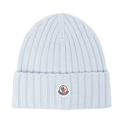 Blauwe Geribbelde Beanie met Logo Patch Moncler , Blue , Dames