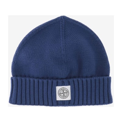 Blauwe Katoenmix Beanie met Logo Label Stone Island , Blue , Heren