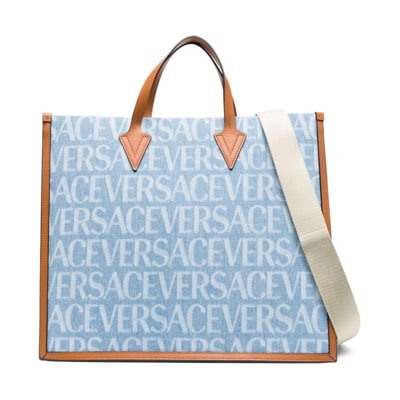 Blauwe Logo Print Tote Tas Versace , Blue , Heren