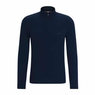 Blauwe Wollen Coltrui met Ritssluiting en Geborduurd Logo Hugo Boss , Blue , Heren