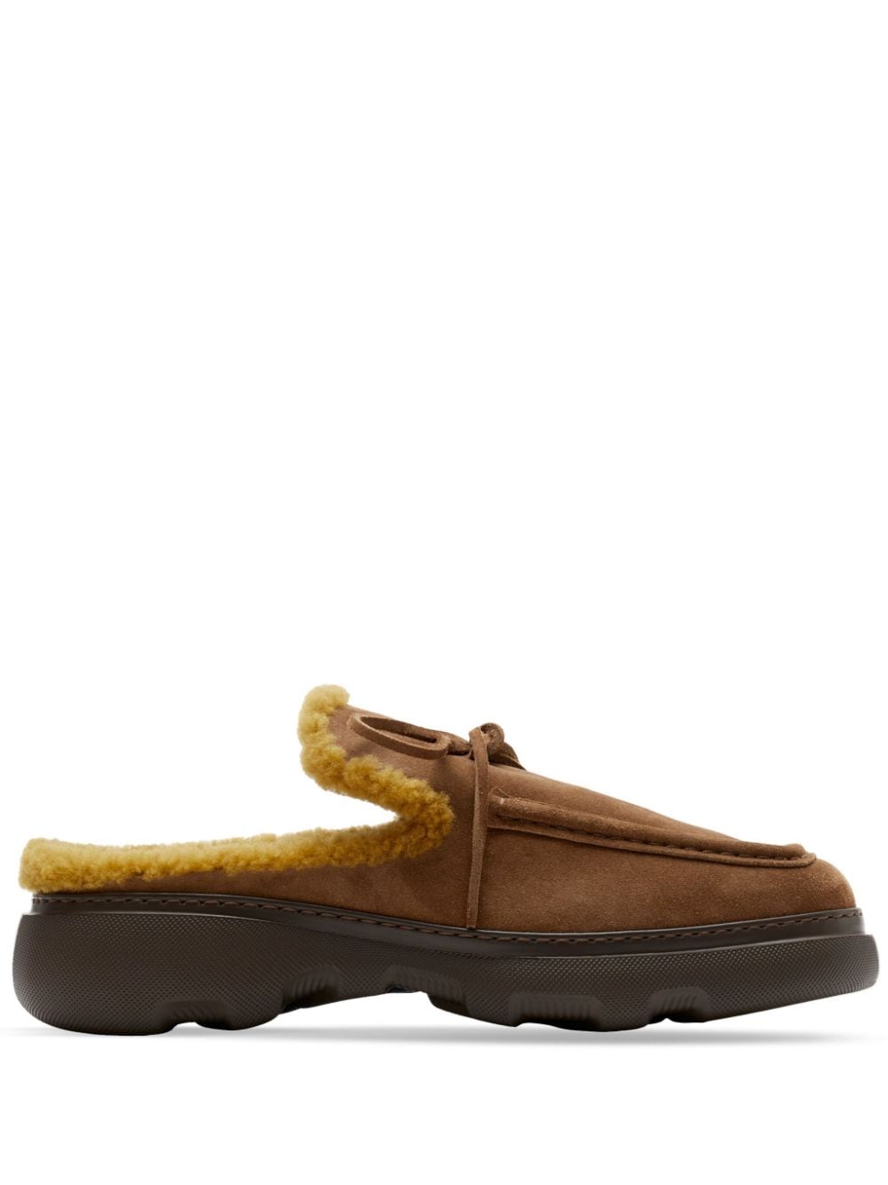 Burberry Stony suède slippers met lammy afwerking - Bruin