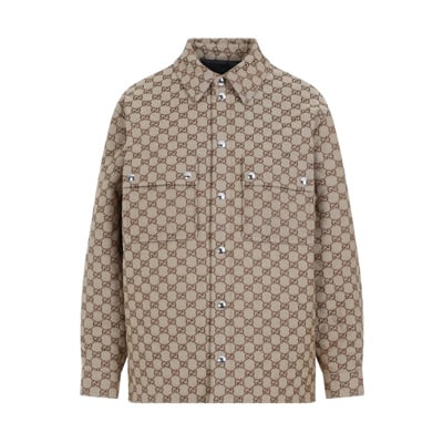 Canvas Shirt in Camel Ebony Mix Gucci , Multicolor , Dames