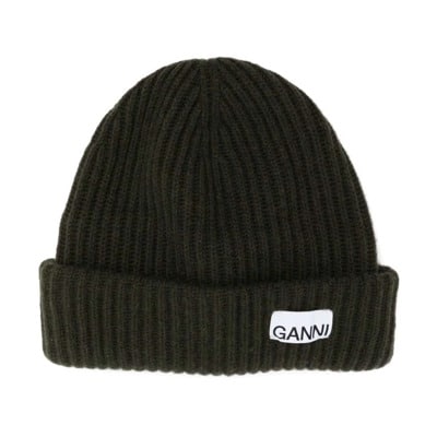 Donkergroene Logo-Patch Beanie Ganni , Green , Dames