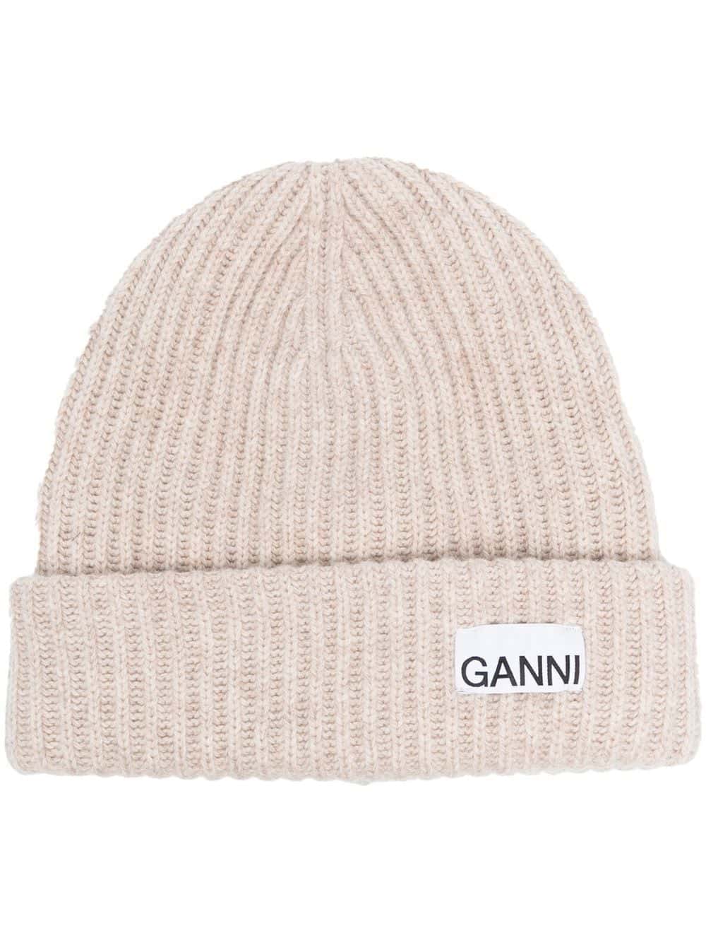 GANNI Geribbelde muts met logopatch - Beige