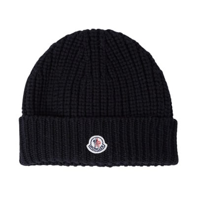 Gebreide wollen beanie muts met logo patch Moncler , Black , Heren