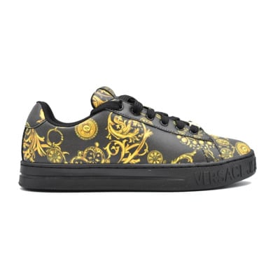 Gedrukte leren sneakers met gouden detail Versace Jeans Couture , Black , Dames