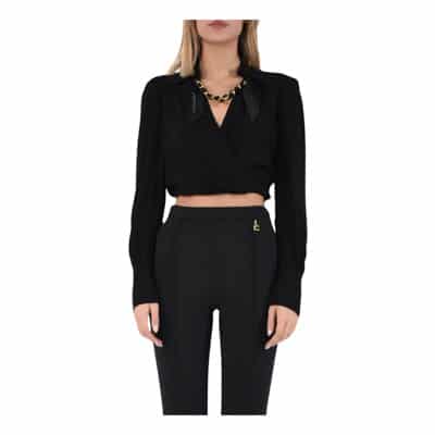 Georgette Viscose Gekruiste Blouse met Ketting Accessoire Elisabetta Franchi , Black , Dames