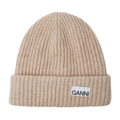 Geribbelde Beanie Muts met Logo Patch Ganni , Beige , Unisex