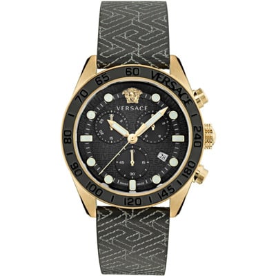 Greca Dome Chrono Leren Band Horloge Versace , Black , Heren