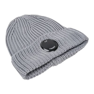 Grijze Geribbelde Gebreide Beanie met C.p. Company Lens C.p. Company , Gray , Heren