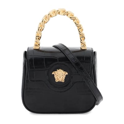 Krokodil Geëmboste Leren Mini Tas Versace , Black , Dames