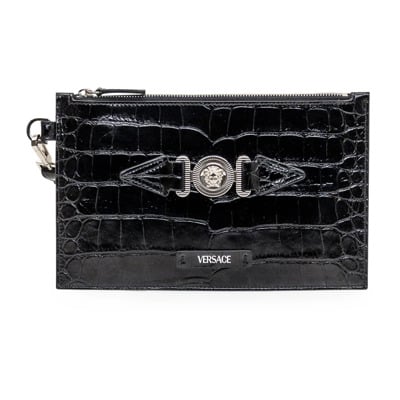 Leren clutch tas met krokodilleneffect Versace , Black , Heren