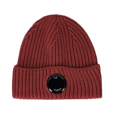 Rode Geribbelde Wollen Beanie met C.p. Lens C.p. Company , Red , Heren