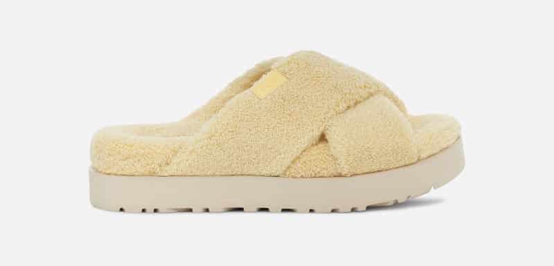 UGG® Fuzz Sugar Terry Cross Slide in Banana Pudding, Maat 37, Wol