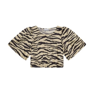 Zebra Print Gekreukeld Crop T-Shirt Ganni , Beige , Dames