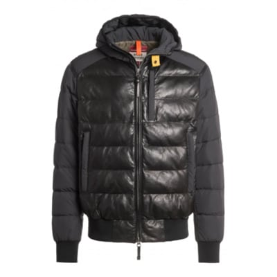 Zwarte leren jas met nylon mouwen en capuchon Parajumpers , Black , Heren