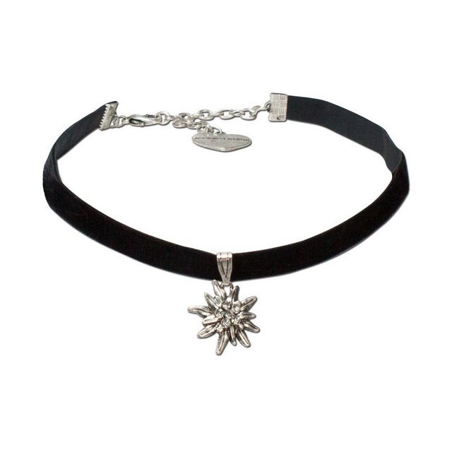 Alpenflüstern Choker Trachten-Samt-Kropfband Strass-Edelweiß klein (schwarz), - Trachtenkette enganliegend, Kropfkette elastisch, Damen-Trachtenschmuck, Samtkropfband schmal