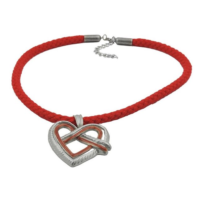 unbespielt Collier Kette Landhaus-Stil Anhänger Herz-Brezel rot-silbergrau Kordel 45 cm, Modeschmuck für Damen